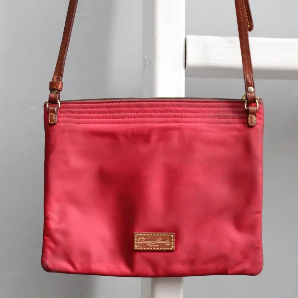 Dooney & Bourke Red Nylon Brown Leather Triple Zip Pockets Crossbody Bag